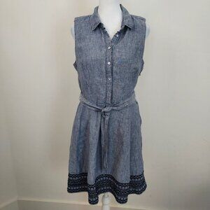 Tahari 100% Linen Fit & Flare Embroidered Sleeveless Front Buttoned Dress Size 6